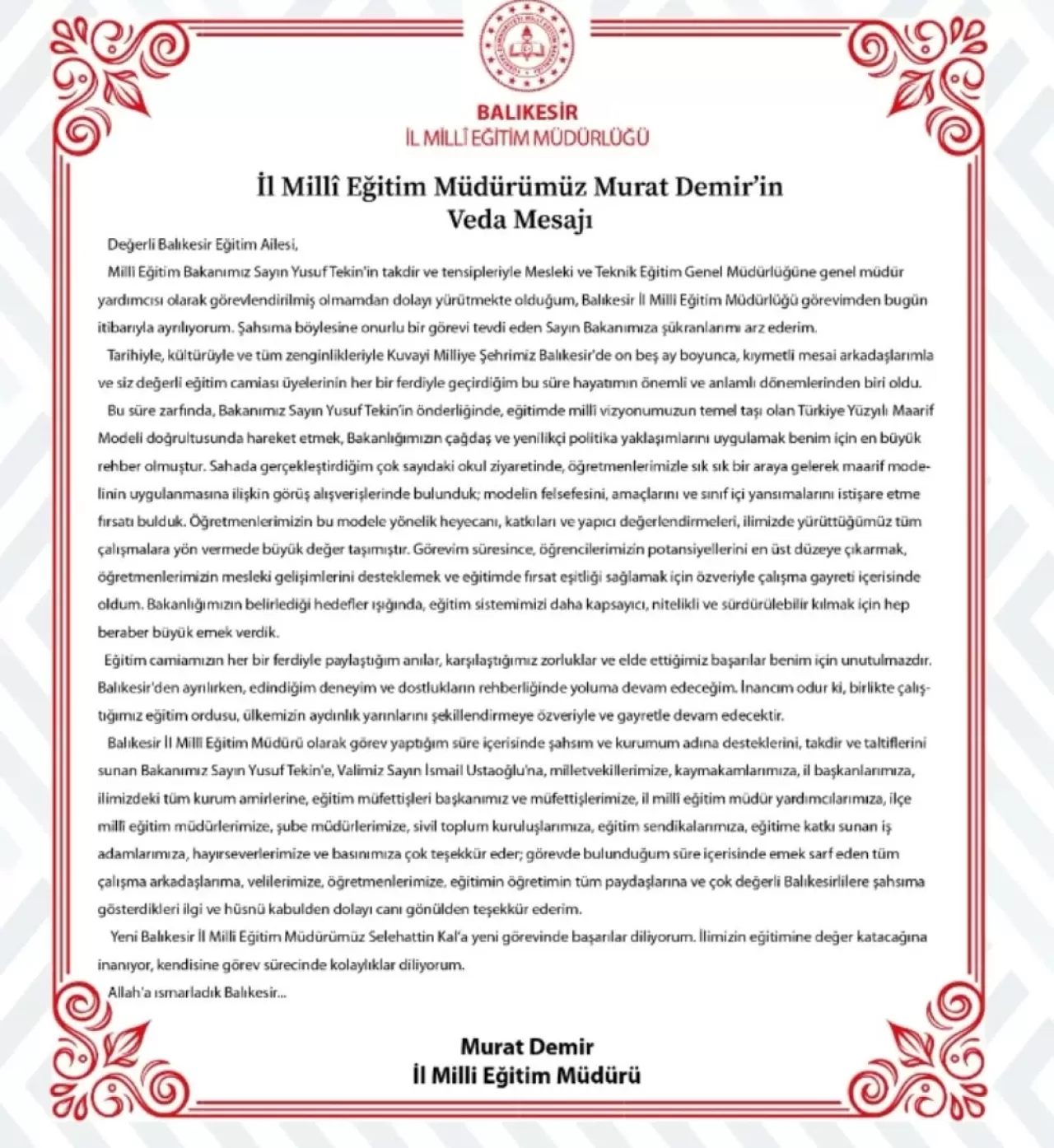 Balıkesir İl Milli Eğitim Müdürü Murat Demir, MEB'de Genel Müdür Yardımcılığına Atandı