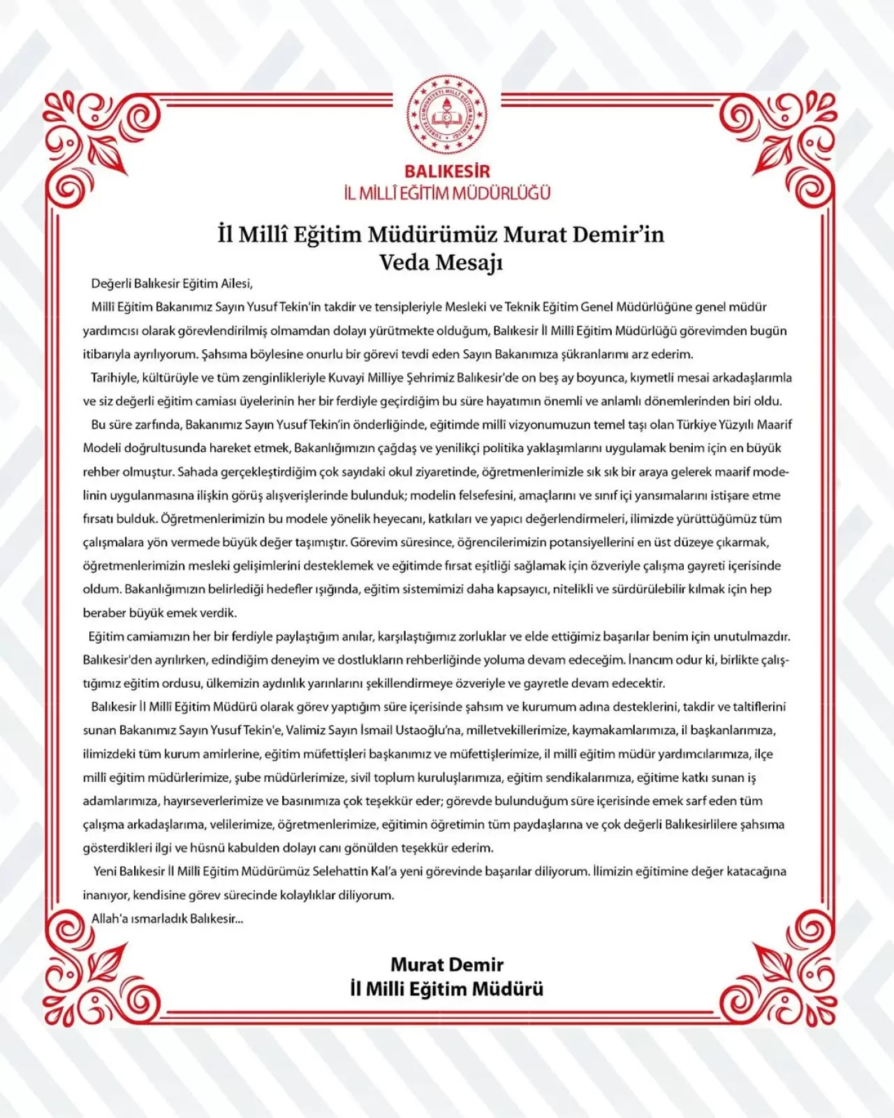 Balıkesir İl Milli Eğitim Müdürü Murat Demir, Bakanlıkta Genel Müdür Yardımcısı Olarak Atandı