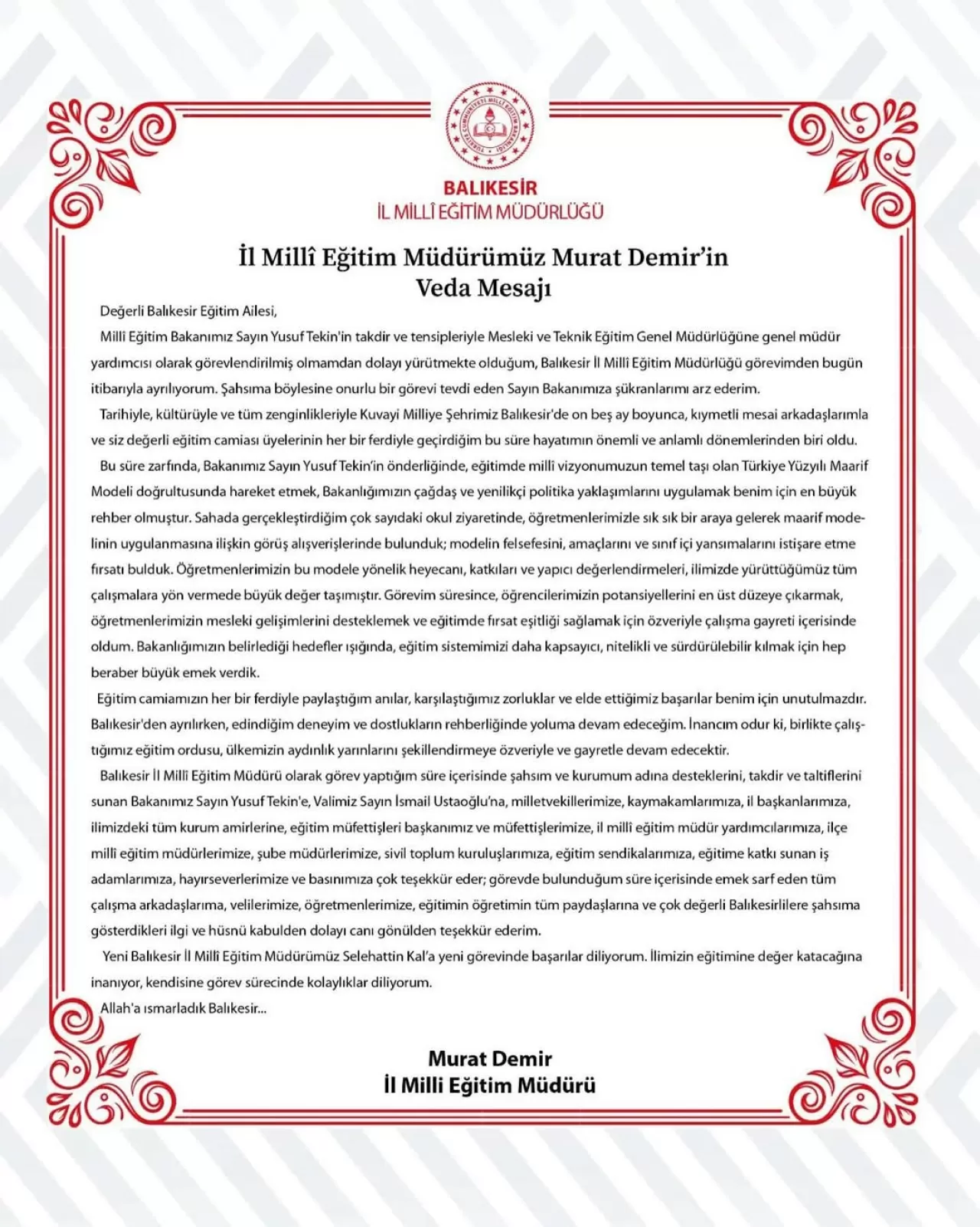 Balıkesir İl Milli Eğitim Müdürü Murat Demir Bakanlıkta Genel Müdür Yardımcısı Oldu