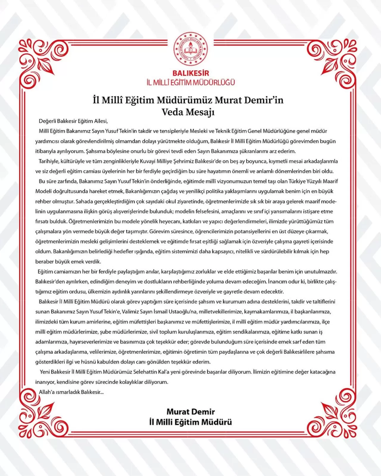 Balıkesir İl Milli Eğitim Müdürü Murat Demir, MEB'de Genel Müdür Yardımcılığı Görevine Atandı