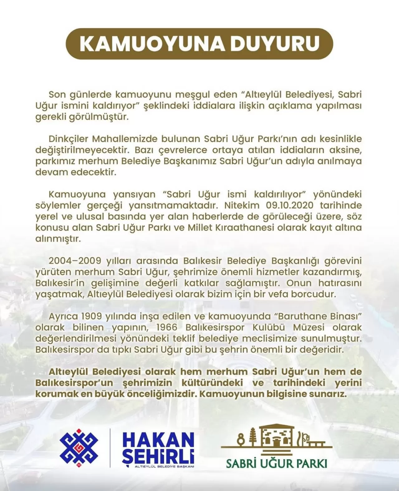 Altıeylül Belediyesi'nden Sabri Uğur Parkı Açıklaması: İsim Değişmeyecek