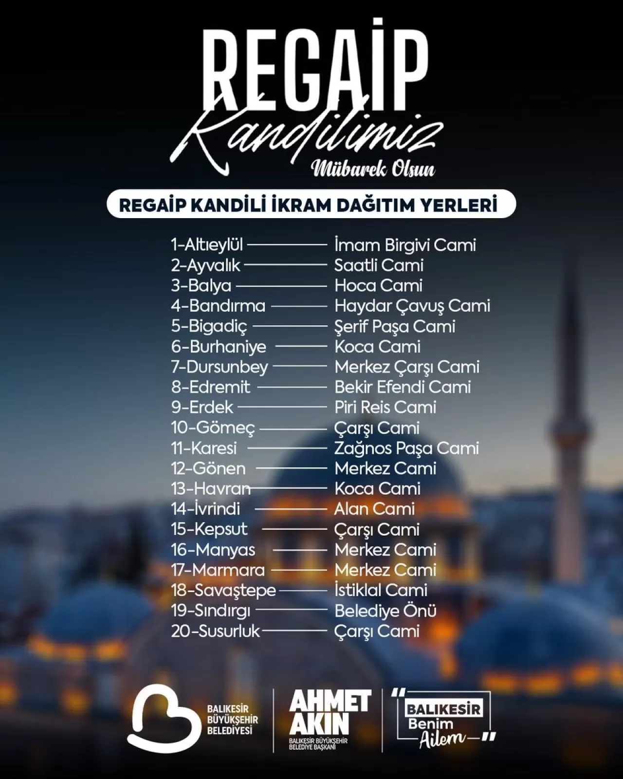 Balıkesir'de Regaip Kandili'nde 20 İlçede İkram