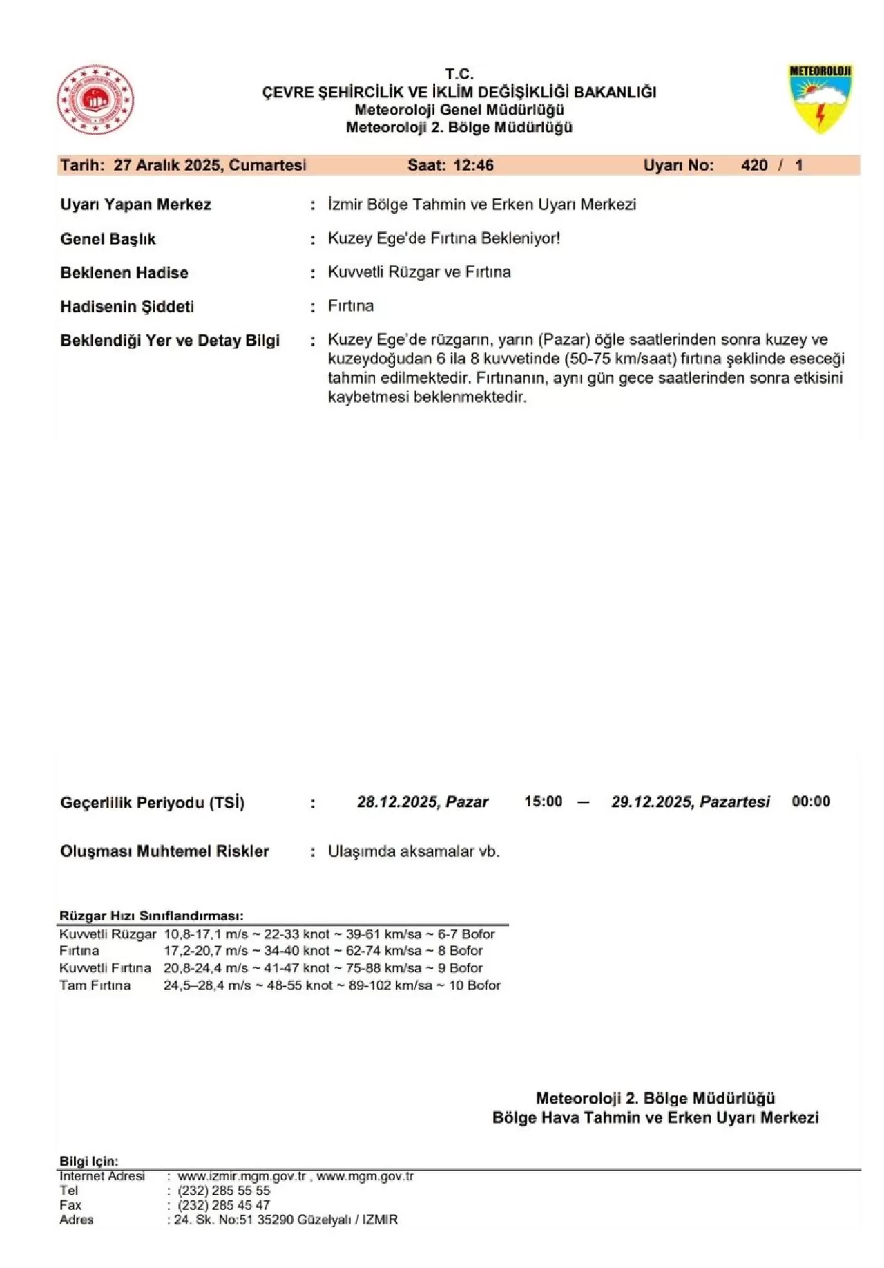 Kuzey Ege'de Pazar Günü Fırtına Uyarısı