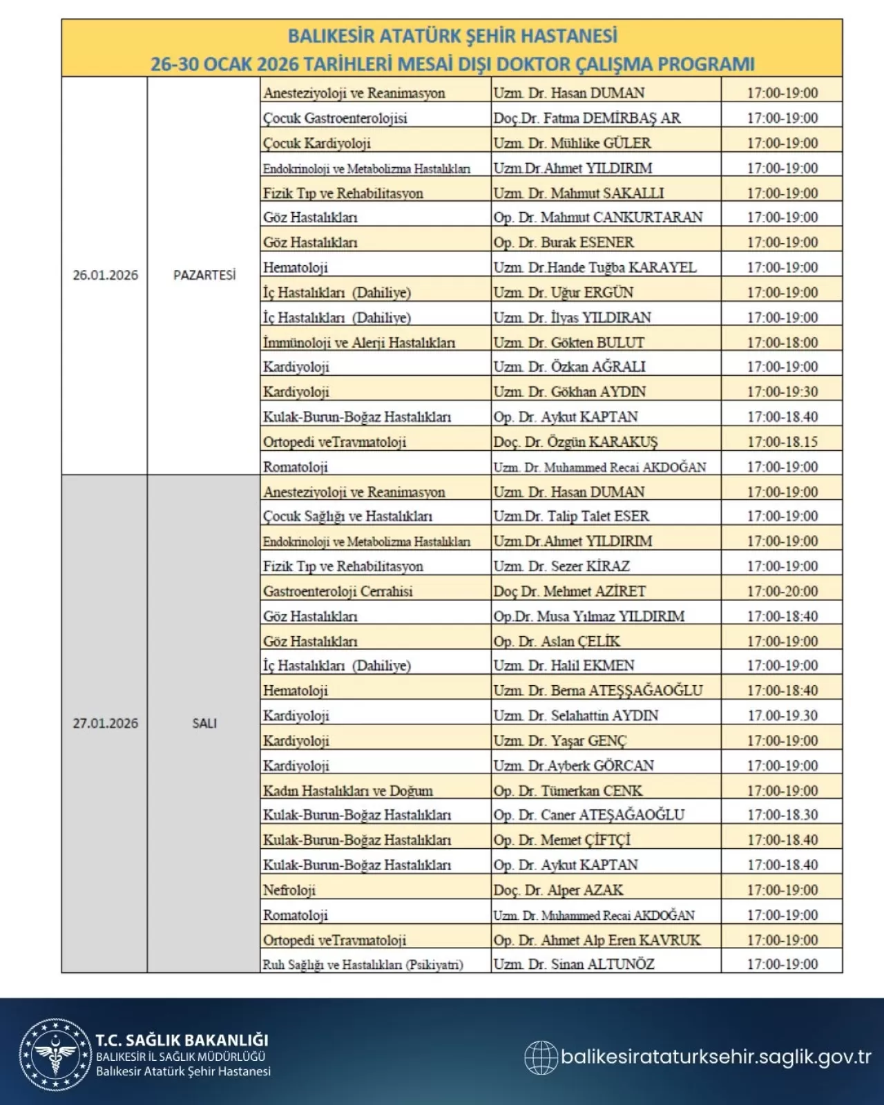 Balıkesir Atatürk Şehir Hastanesi'nin Mesai Dışı Doktor Programı Açıklandı
