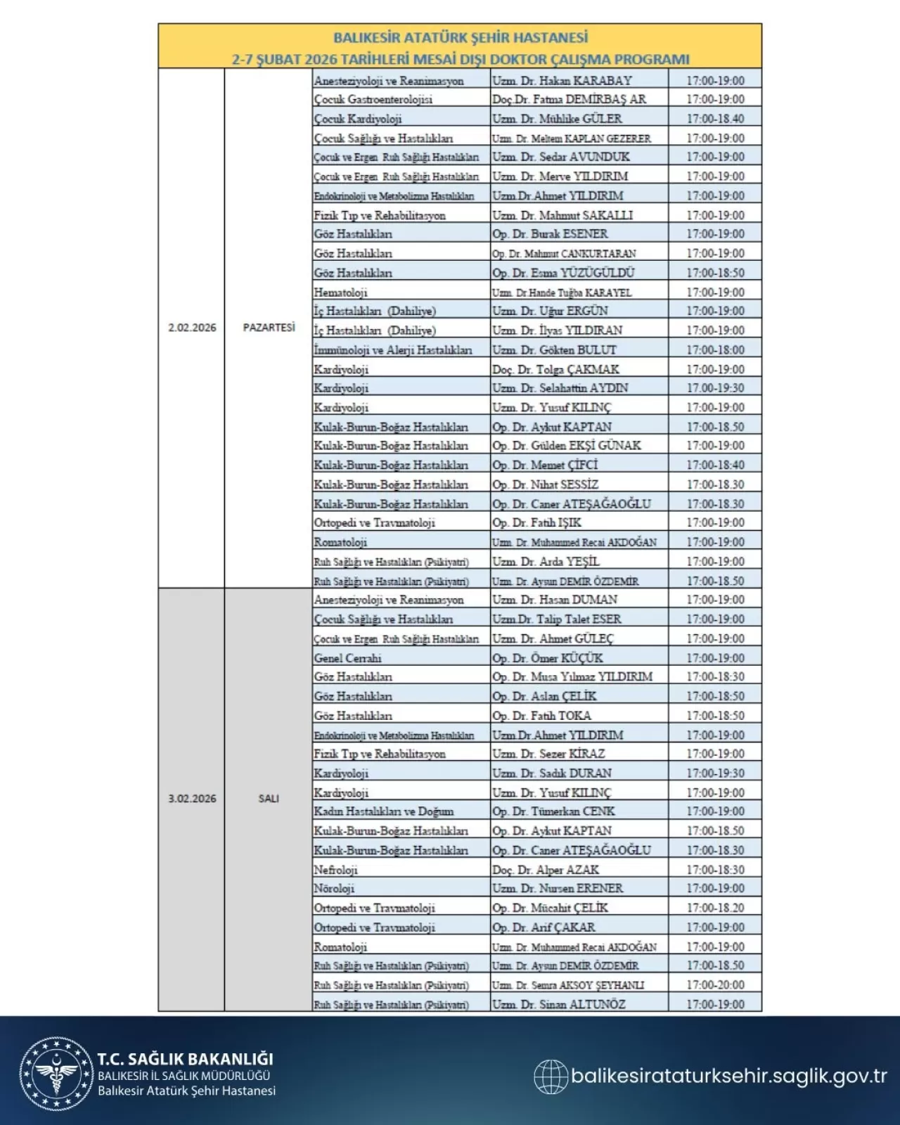 Balıkesir Atatürk Şehir Hastanesi'nde Doktorların Mesai Dışı Çalışma Programı Açıklandı