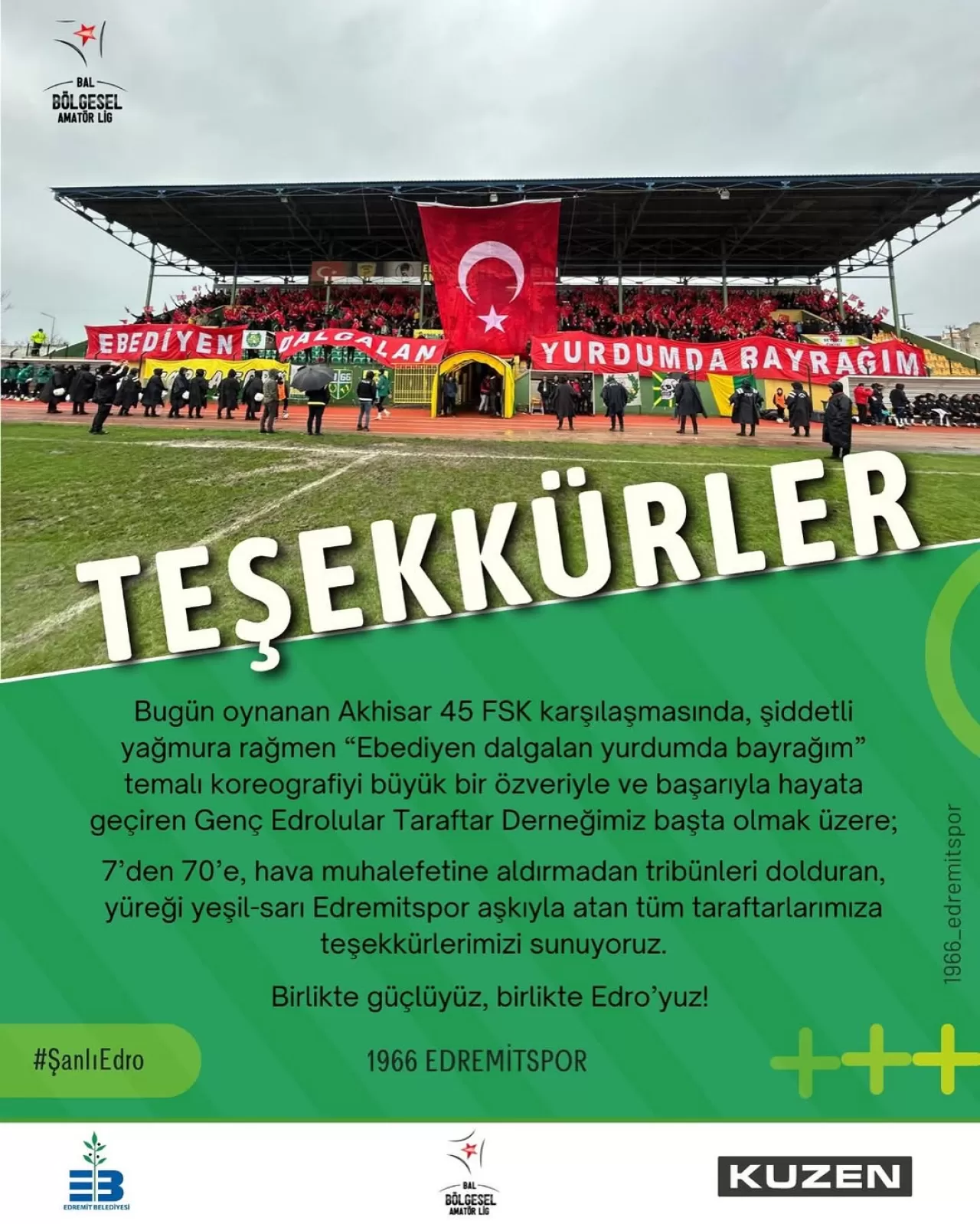 Edremitspor Taraftarları, Fırtınaya Rağmen Tribünleri Renklendirdi