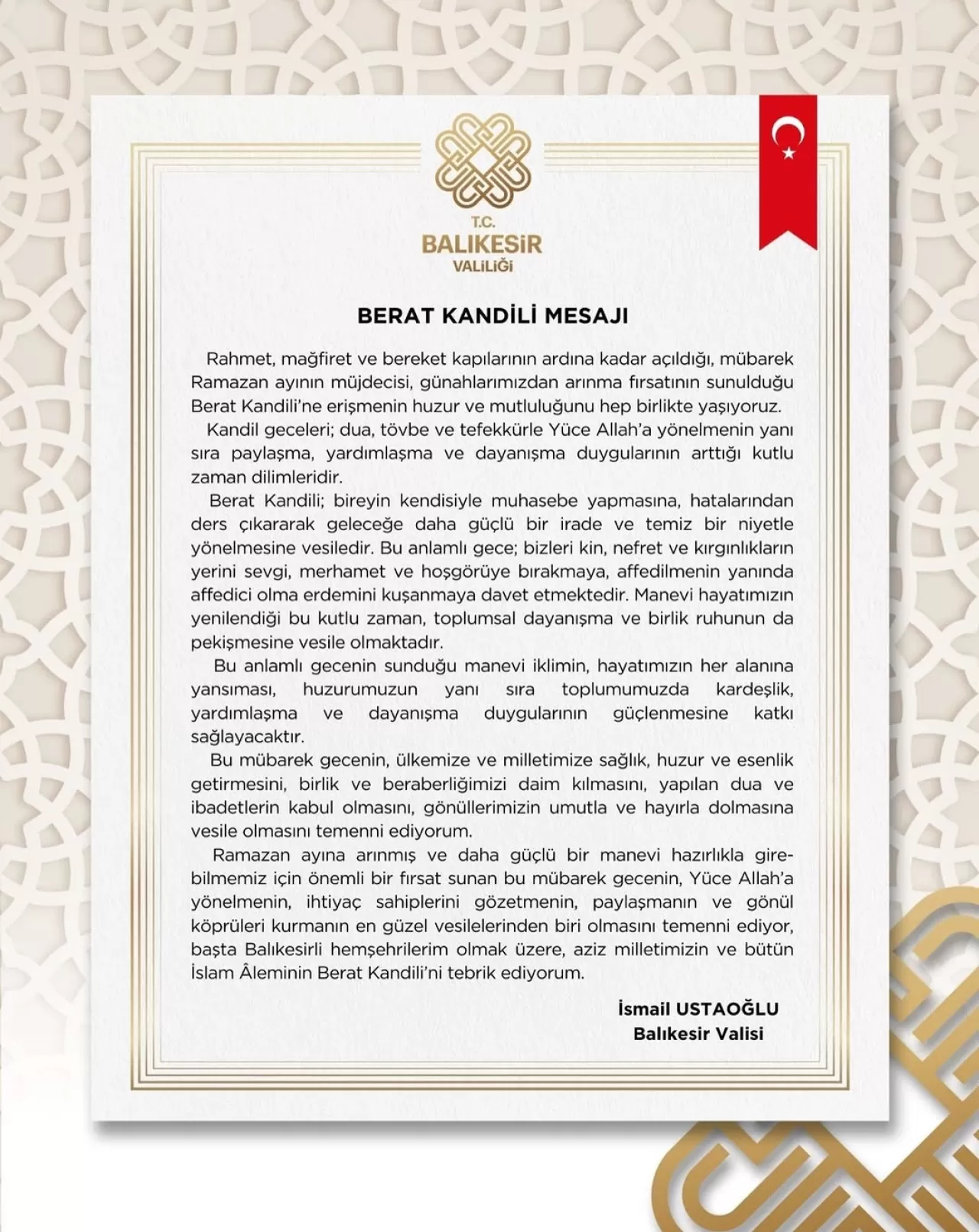 Balıkesir Valisi Ustaoğlu'nun Berat Kandili Mesajı