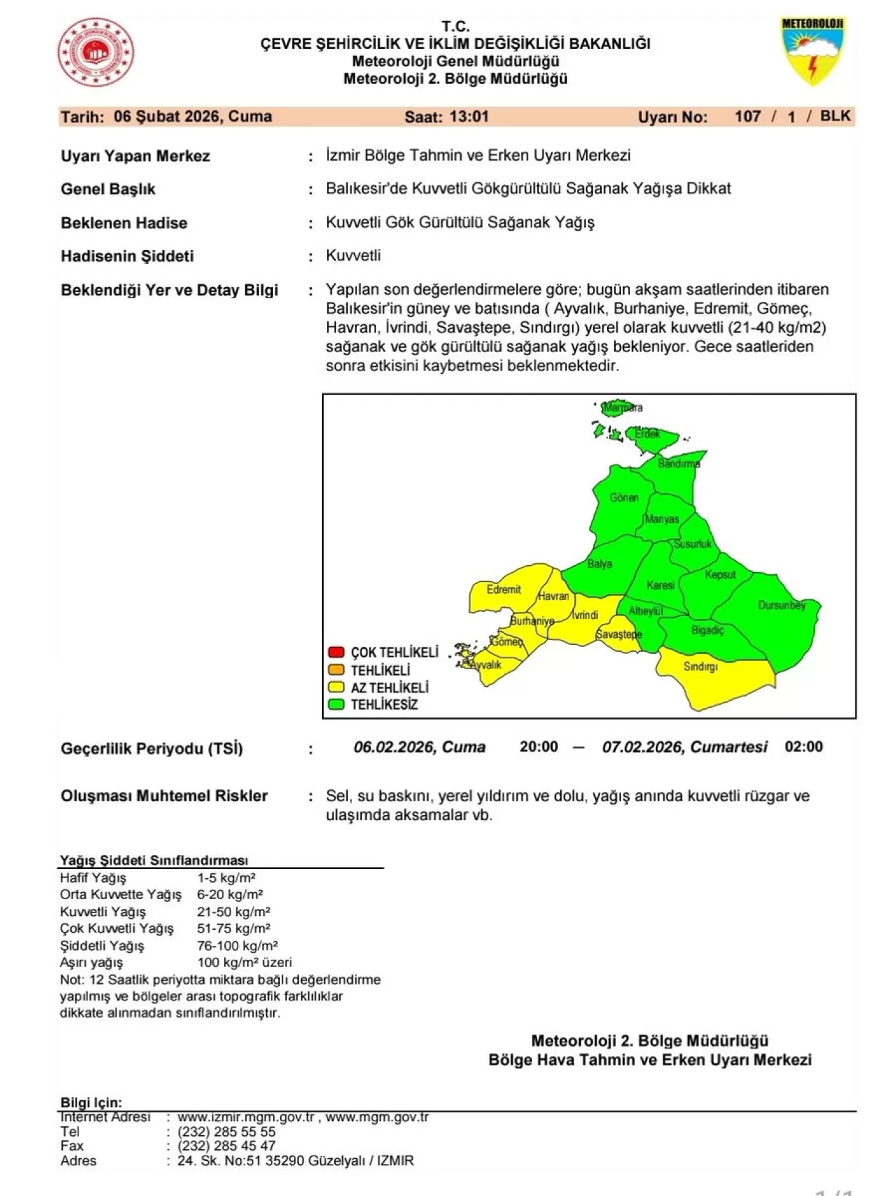 Balıkesir'in Güney ve Batısına Kuvvetli Sağanak Uyarısı
