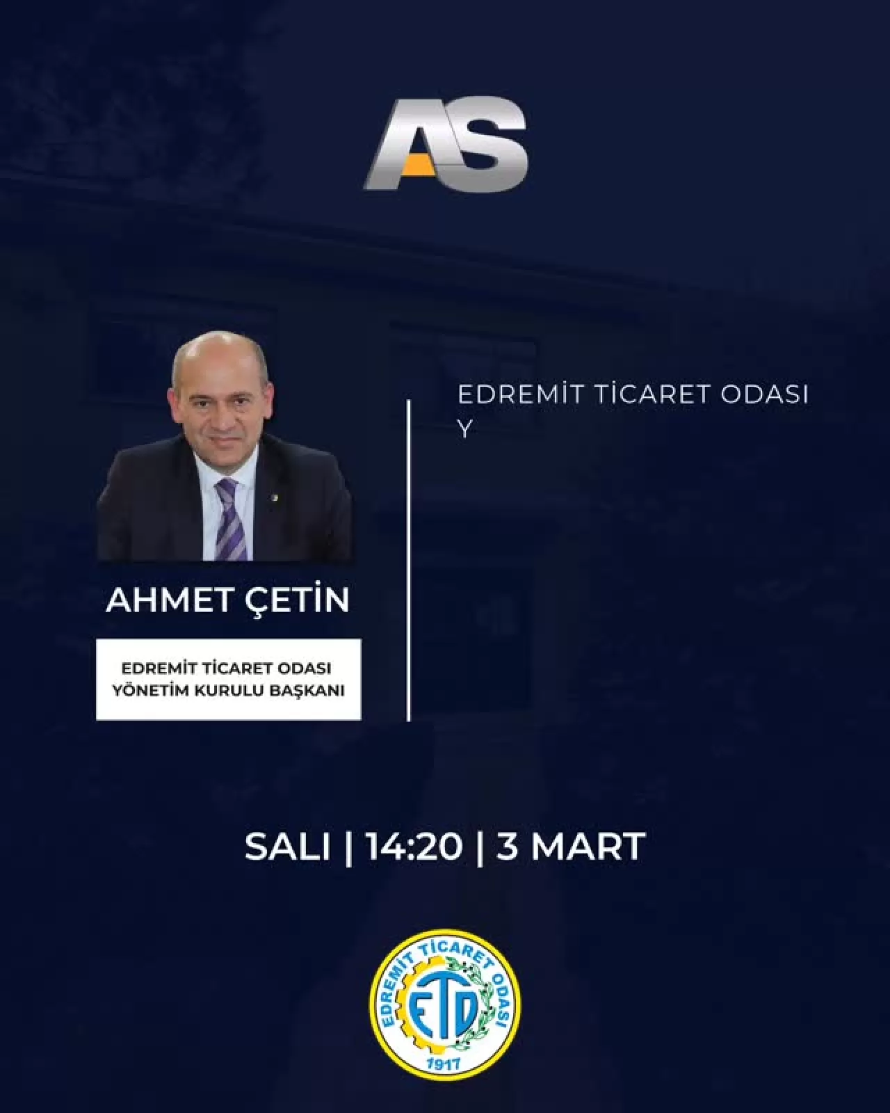 Edremit Ticaret Odası Başkanı Ahmet Çetin, AS TV'de Ekranlara Geliyor