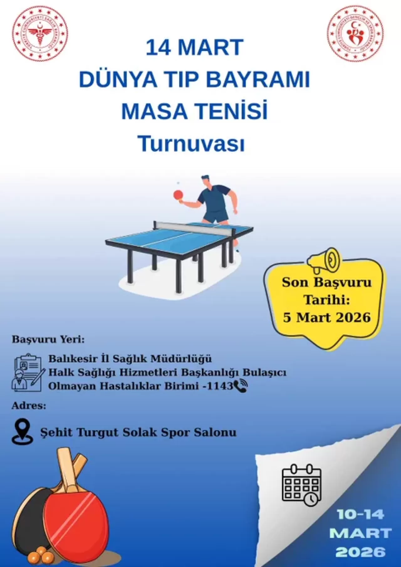 Balıkesir'de 14 Mart Tıp Bayramı Masa Tenisi Turnuvası Düzenlenecek