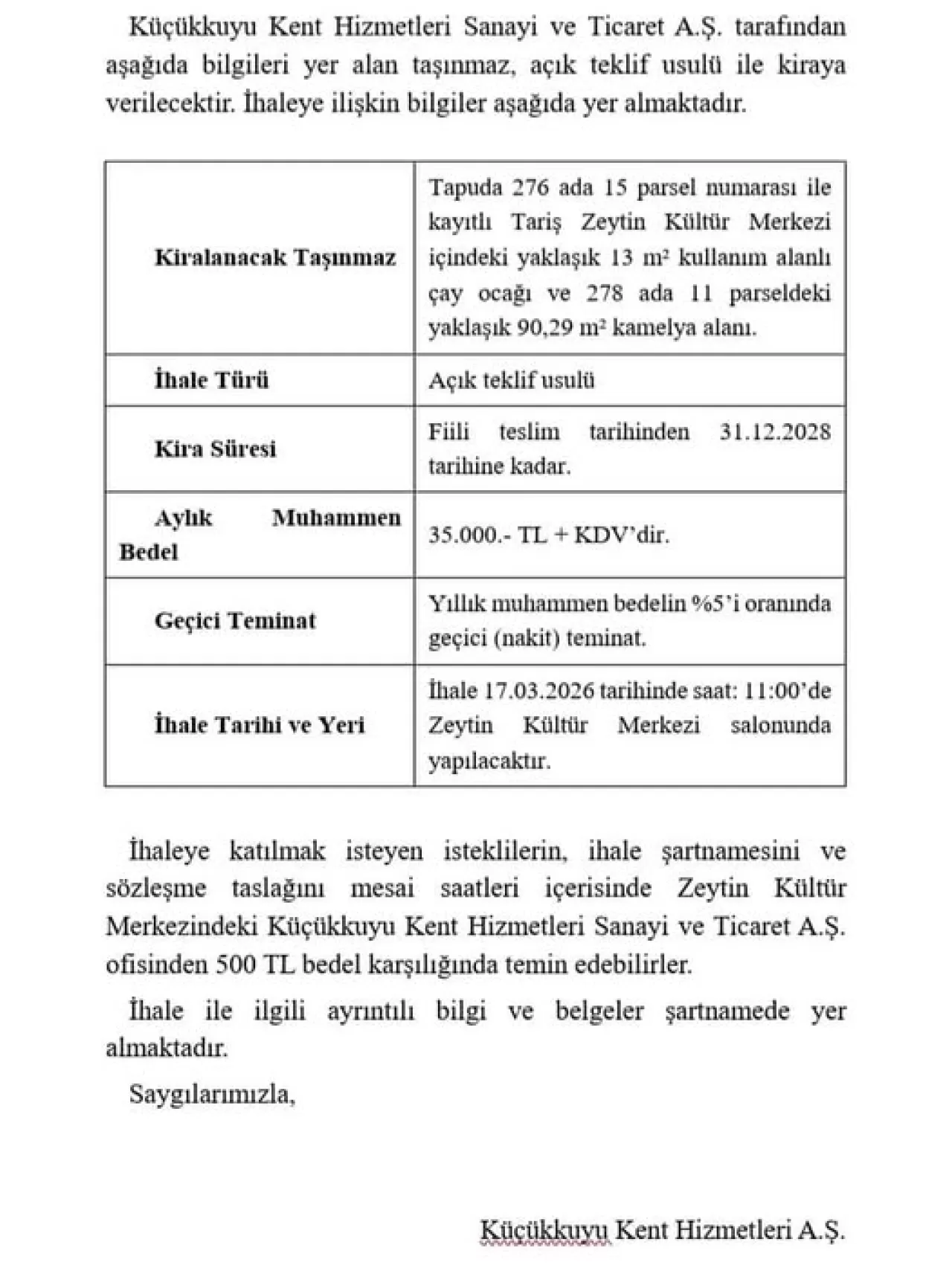Küçükkuyu'da Çay Ocağı ve Kamelya Alanı Kiraya Verilecek