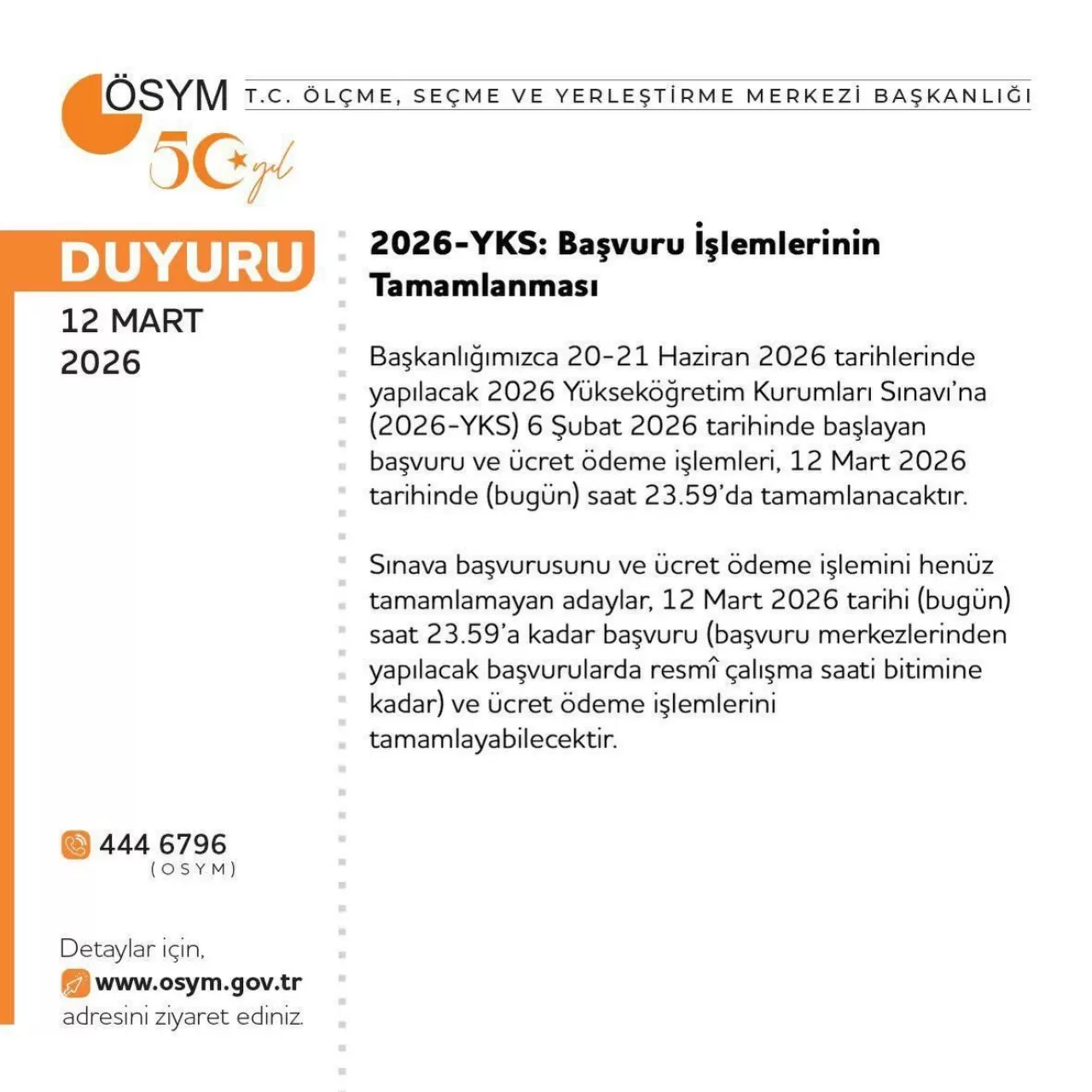 2026 YKS Başvuruları 12 Mart'ta Sona Eriyor