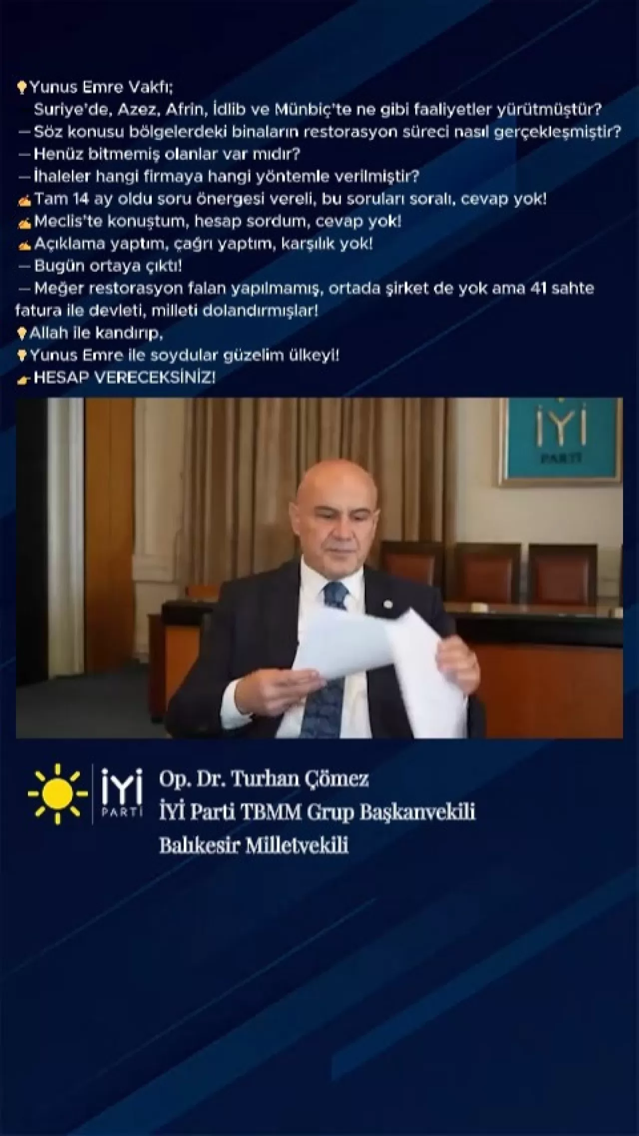 İYİ Partili Çömez'den Yunus Emre Vakfı'na Suriye'de 'Sahte Fatura' İddiası