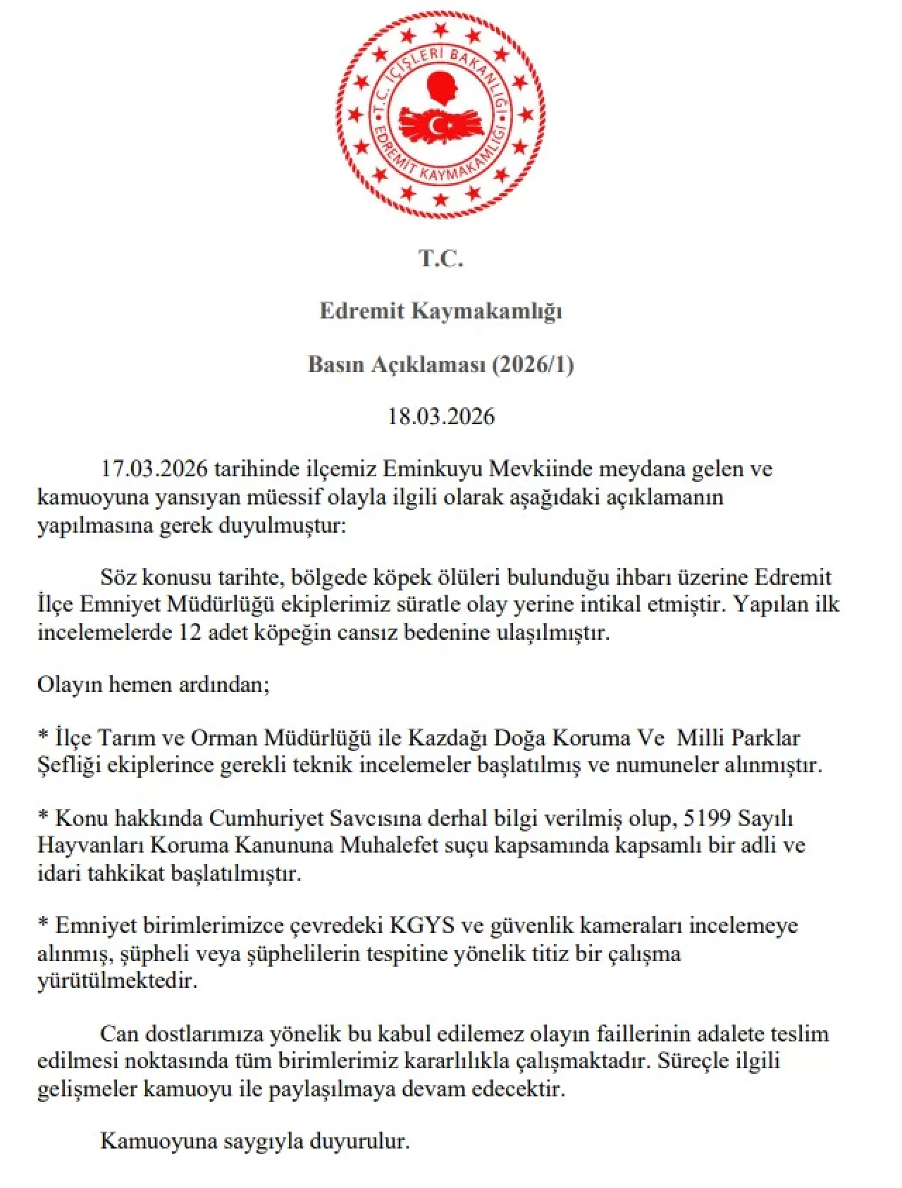 Edremit Kaymakamlığı'ndan 2026 Yılına İlişkin Basın Açıklaması
