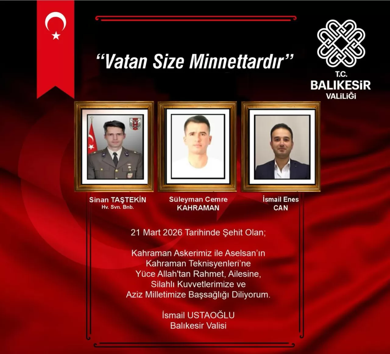 Balıkesir Valisi İsmail Ustaoğlu'ndan Millete Başsağlığı Mesajı