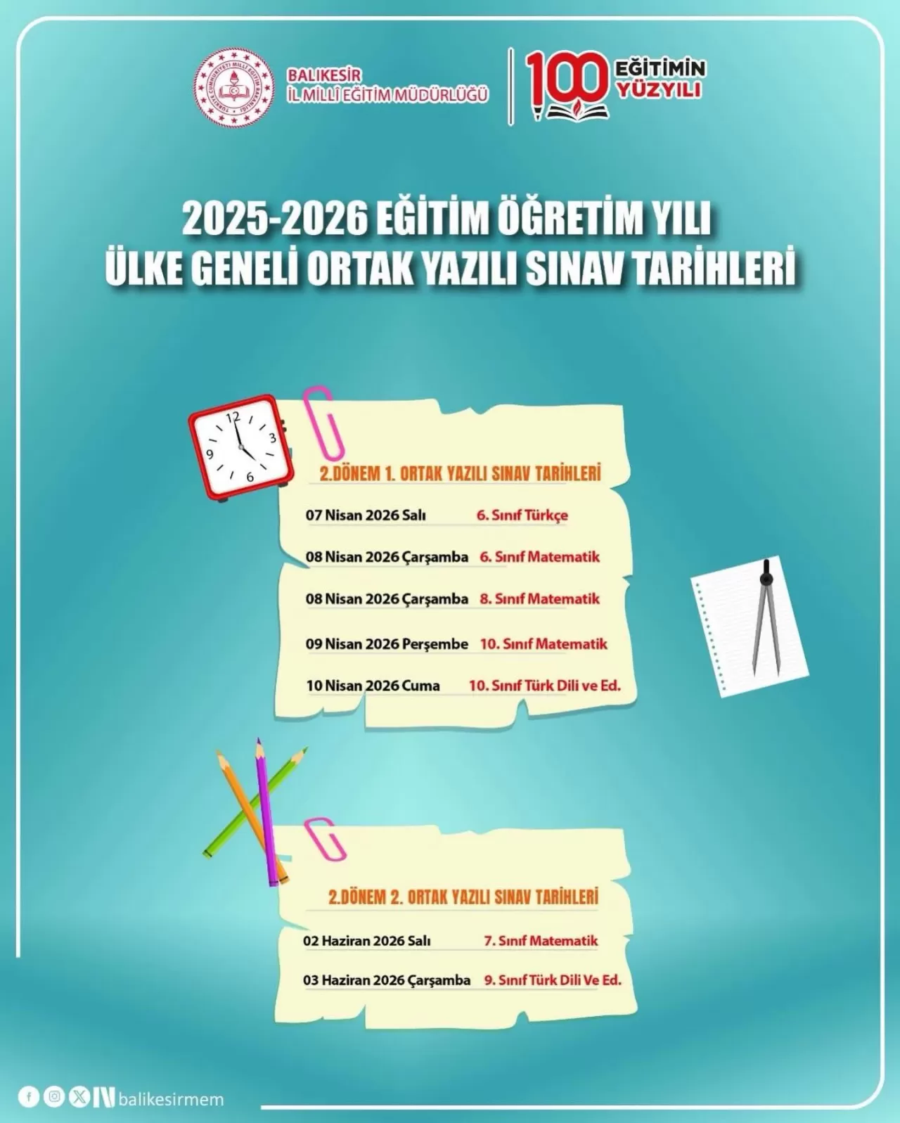 Balıkesir'de İkinci Dönem Ortak Sınav Takvimi Açıklandı