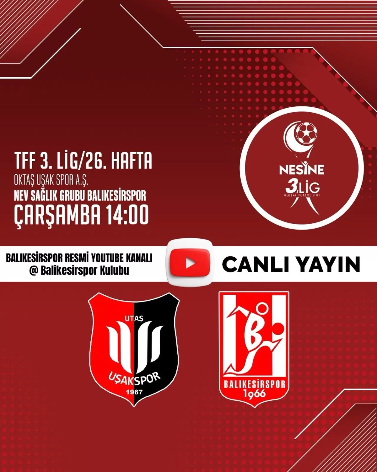 Balıkesirspor'un Uşakspor Maçı YouTube'dan Canlı Yayınlanacak
