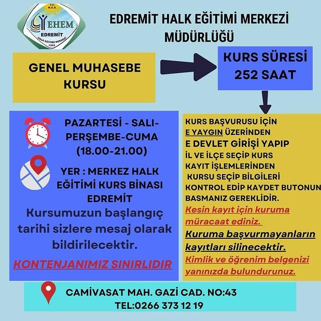 Edremit Halk Eğitimi Merkezi'nde Akşamları Genel Muhasebe Kursu Açılıyor