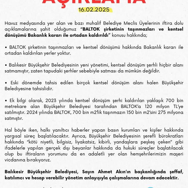 Balıkesir Büyükşehir Belediyesi'nden Kentsel Dönüşüm Açıklaması
