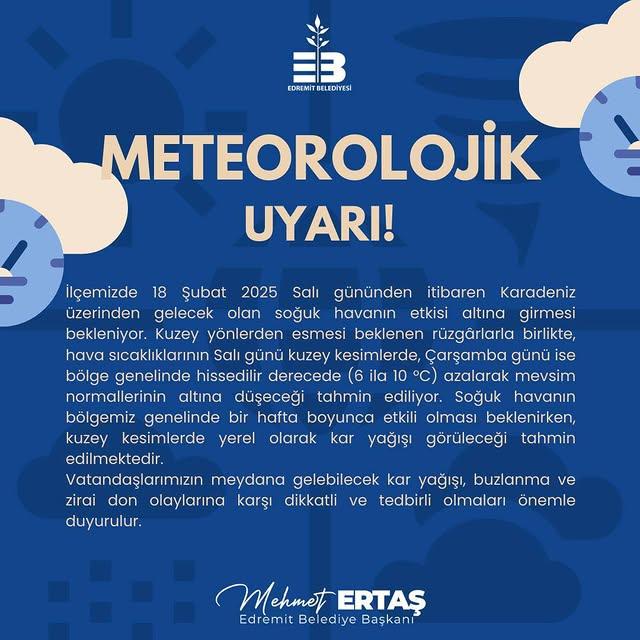 Edremit Belediyesi'nden Meteorolojik Uyarı ve Acil Destek Hattı