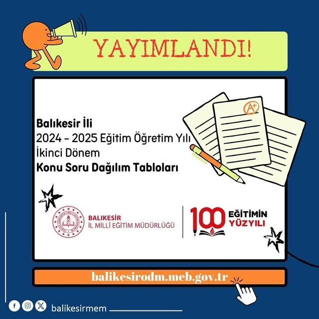 Balıkesir'de 2024-2025 Eğitim Öğretim Yılı İçin İkinci Dönem Konu Soru Dağılım Tabloları Yayımlandı