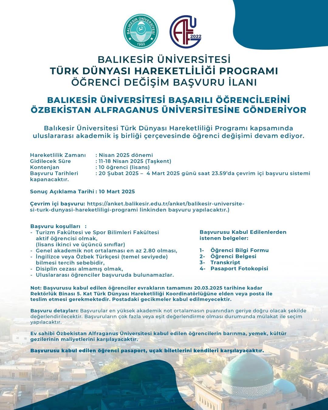 Balıkesir Üniversitesi'nden Özbekistan'da Eğitim Fırsatı