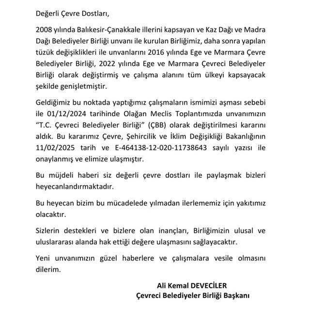 Çevreci Belediyeler Birliği'nin Ünvanı Değişti