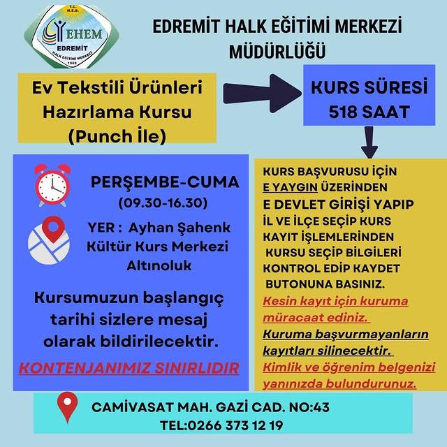 Edremit Halk Eğitimi Merkezi'nde Çeşitli Kurslar Açılacak