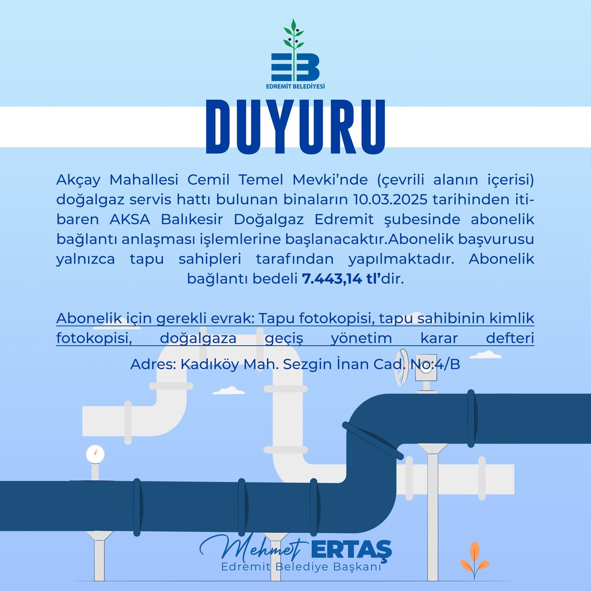 Aksa Doğalgaz Edremit Ofisi'nden Duyuru