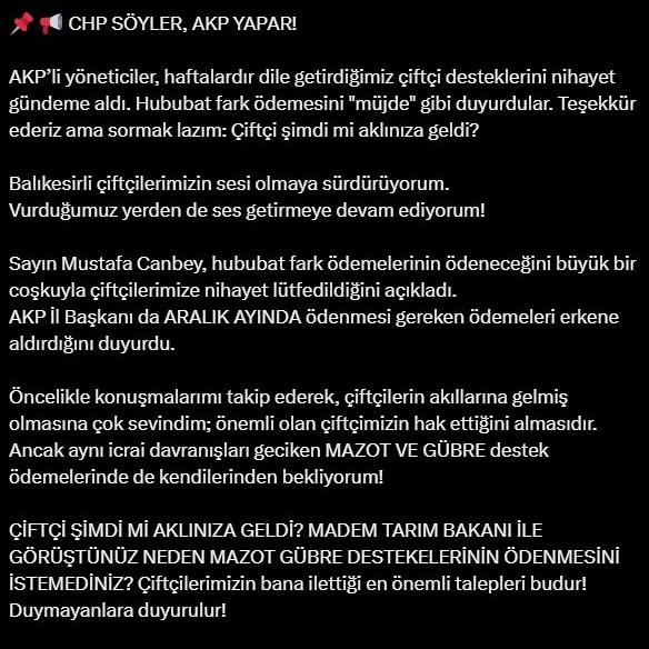 CHP'li Milletvekili Serkan Sarı'dan Mazot ve Gübre Destek ödemeleri için Çağrı