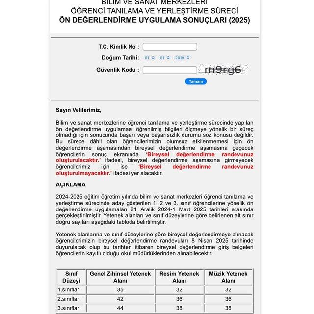 2025 Yılı Bilim ve Sanat Merkezleri Öğrenci Tanılama ve Yerleştirme Süreci Ön Değerlendirme Uygulama Sonuçları Açıklandı