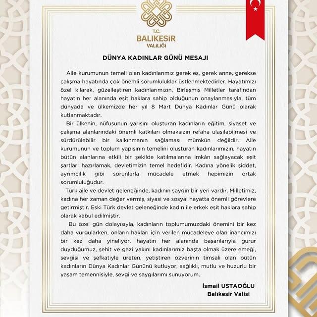 Vali İsmail Ustaoğlu'ndan 8 Mart Dünya Kadınlar Günü Mesajı