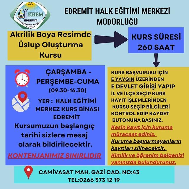 Edremit Halk Eğitimi Merkezi'nde Akrilik Boya Resim Kursu
