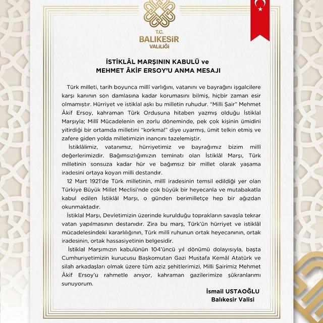Balıkesir Valisi İsmail Ustaoğlu'ndan İstiklal Marşı'nın Kabulü ve Mehmet Akif Ersoy'u Anma Mesajı