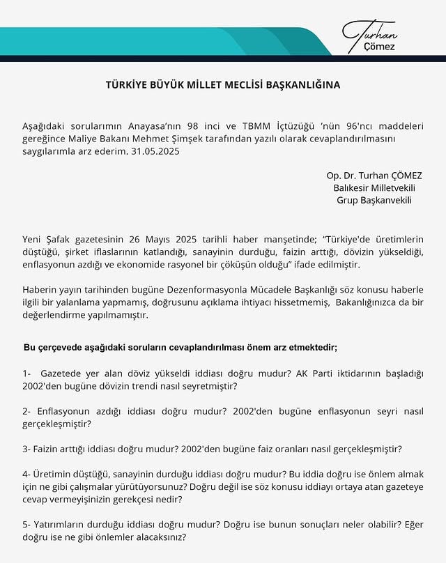 İyi Parti Milletvekili Çömez'ten Ekonomik Gelişmelere Tepki: