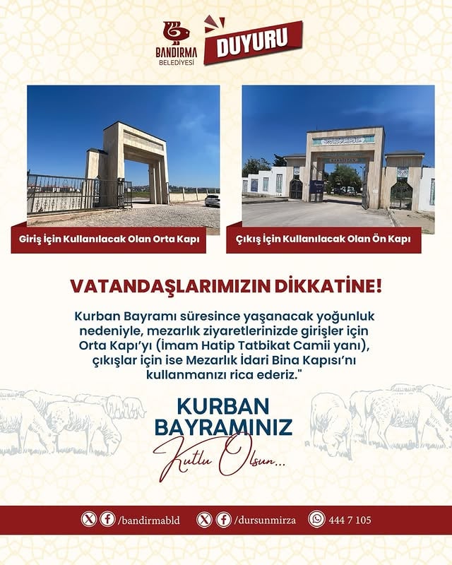 Bandırma Belediyesi Kurban Bayramı Mezarlık Ziyaretlerinde Uygulanacak Düzenlemeler