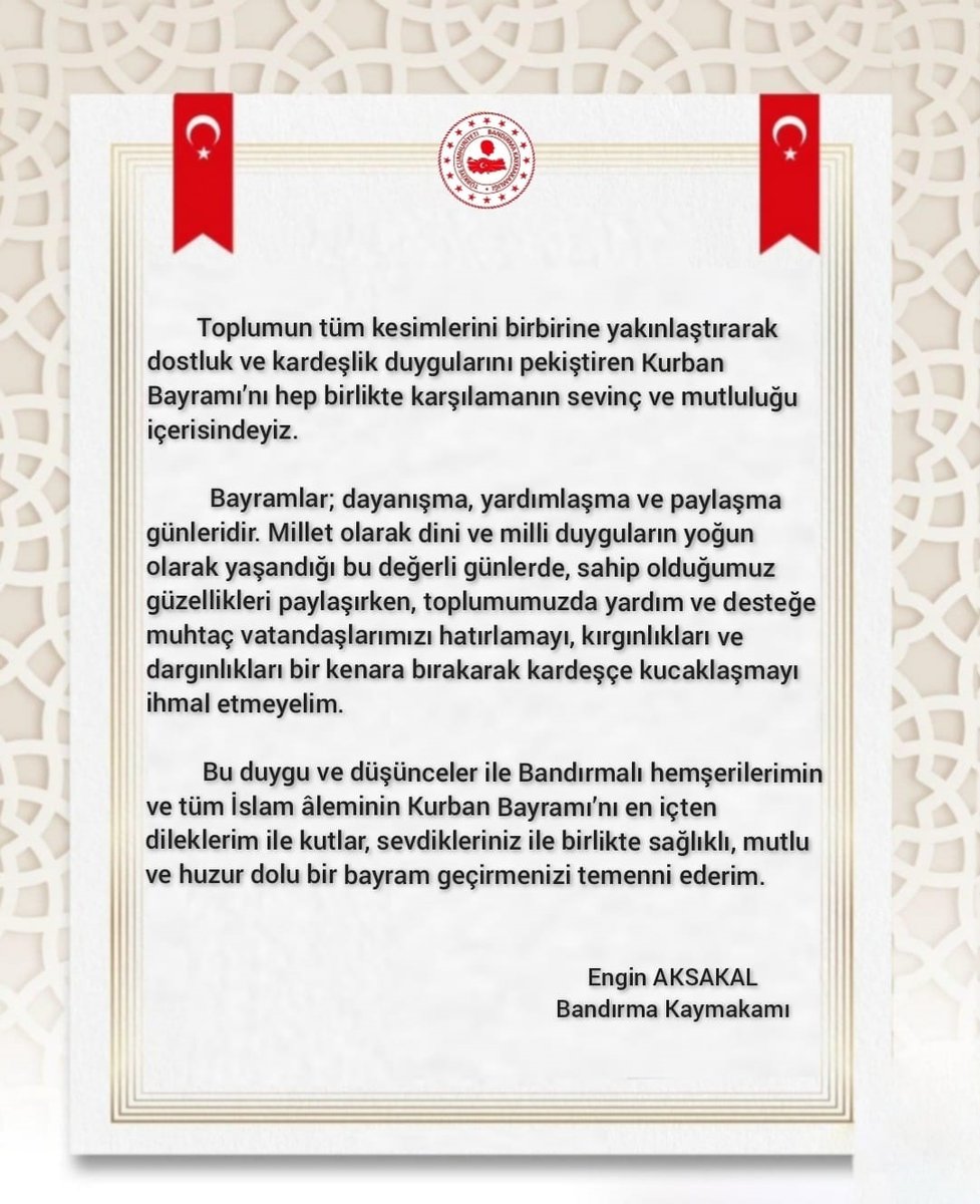 Bandırma Kaymakamı Engin Aksakal'dan Kurban Bayramı Mesajı