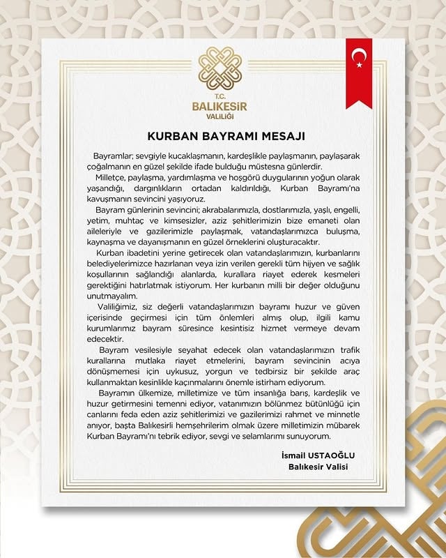 Balıkesir Valisi Ustaoğlu'ndan Kurban Bayramı Mesajı