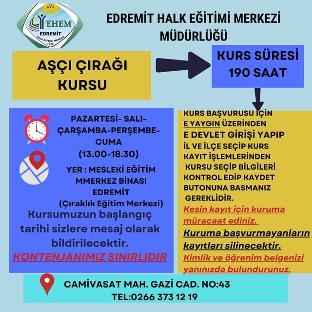 Edremit'te Aşçı Çırağı Kursu Açılıyor